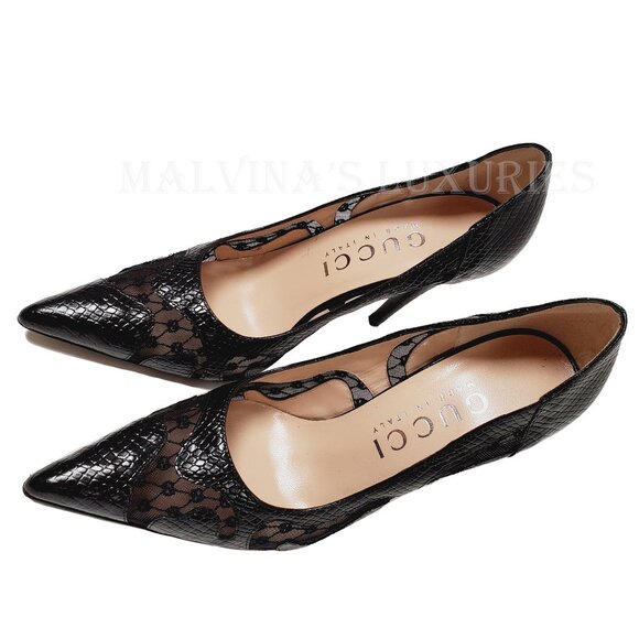 GUCCI SHOES BLACK PYTHON PRINT LEATHER w GG LOGO MESH PUMPS $940 - Picture 6 of 15